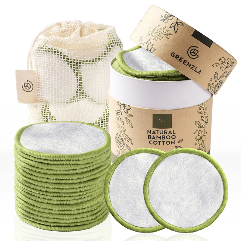 Greenzla Reusable Makeup Remover Pads (20 Pack) Washable Laundry Bag & Round Box for Storage, Reusable Bamboo Cotton Rounds for All Skin Types - Reusable Cotton Rounds for Face - Reusable Cotton Pads 20 Count (Pack of 1)